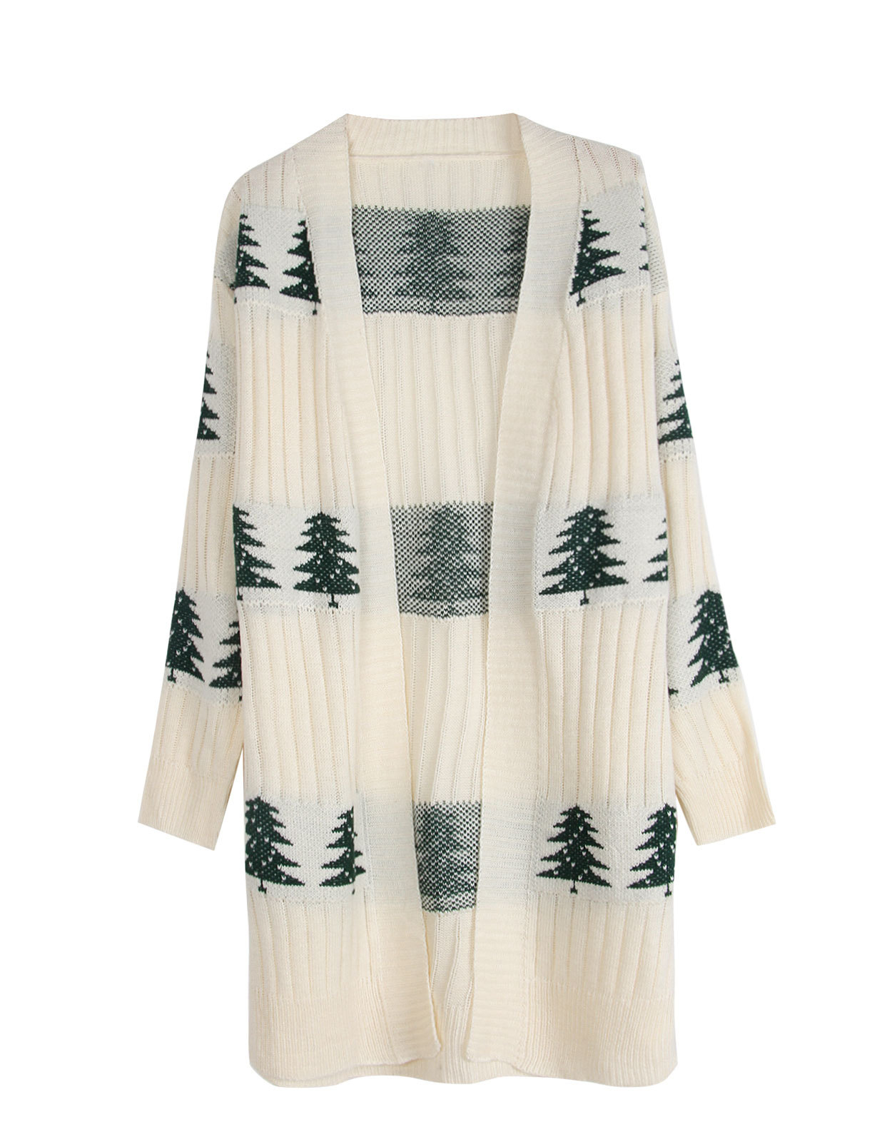 Womens Christmas Tree Pattern Long Cardigan Winter Open Front Knit Sweater